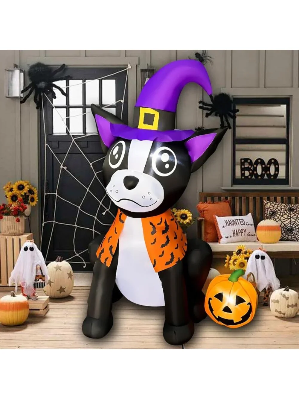 4FT Halloween Inflatable Bulldog with Pumpkin | LED Lighted Yard Decor for